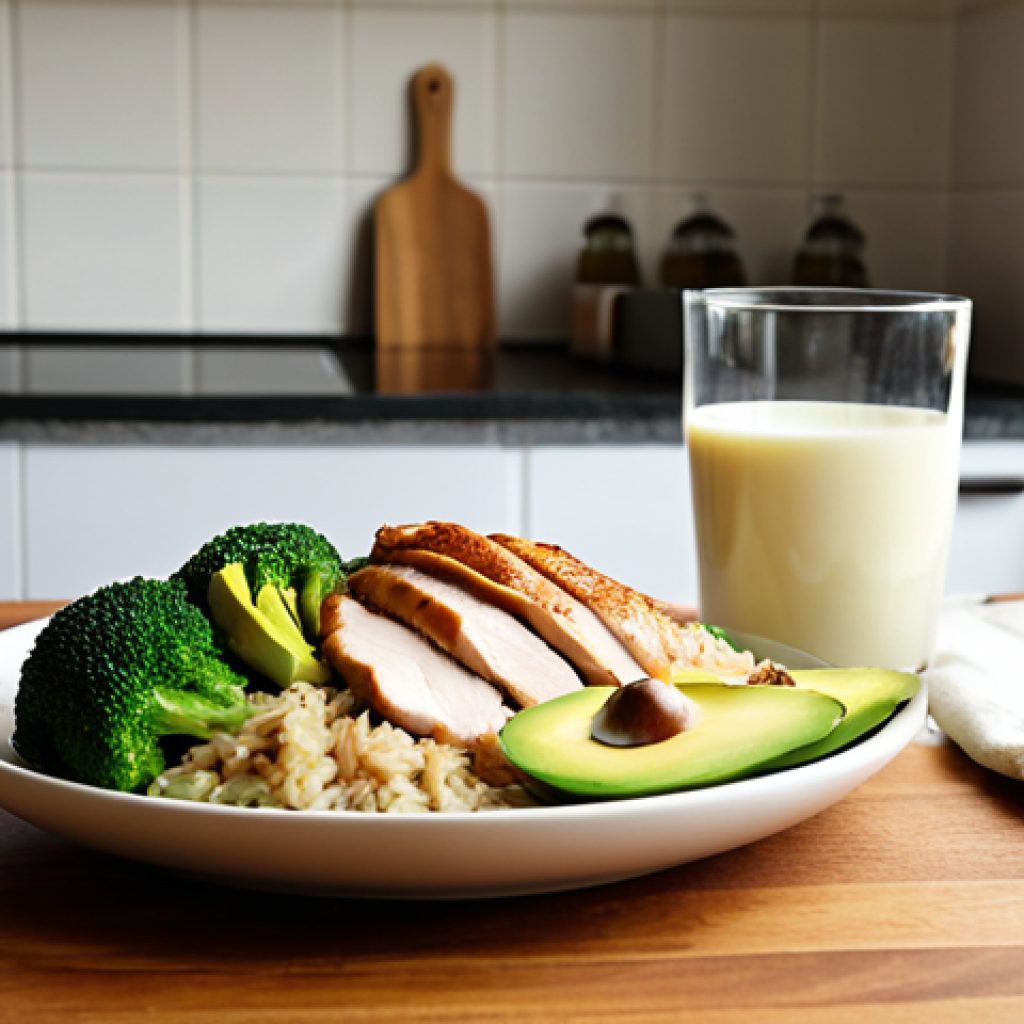 **

A balanced meal featuring chicken breast, brown rice, broccoli, and avocado, with a glass of milk.  Depict the meal in a visually appealing and appetizing way, highlighting the colors and textures of the food. The setting is a clean and modern kitchen with soft, natural lighting. The focus is on showcasing healthy, whole foods crucial for muscle growth and energy surplus.

**