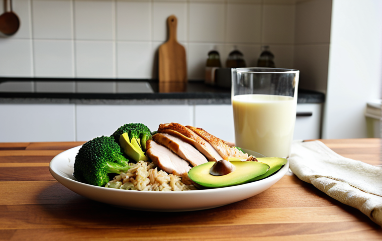**

A balanced meal featuring chicken breast, brown rice, broccoli, and avocado, with a glass of milk.  Depict the meal in a visually appealing and appetizing way, highlighting the colors and textures of the food. The setting is a clean and modern kitchen with soft, natural lighting. The focus is on showcasing healthy, whole foods crucial for muscle growth and energy surplus.

**