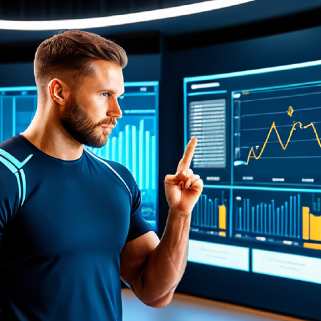 A professional male athlete, fully clothed in modern athletic wear, stands in a sleek, high-tech sports science lab. He is looking at a transparent digital display showing complex nutritional data visualizations and personalized dietary plans. The lab features glowing lines, biometric screens, and clean, futuristic design elements in the background. The scene emphasizes precision and data-driven performance. Perfect anatomy, correct proportions, natural pose, well-formed hands, proper finger count, natural body proportions. Professional photography, high quality, studio lighting, sharp focus. Fully clothed, appropriate attire, modest clothing, safe for work, appropriate content, professional, family-friendly.