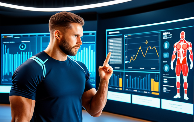 A professional male athlete, fully clothed in modern athletic wear, stands in a sleek, high-tech sports science lab. He is looking at a transparent digital display showing complex nutritional data visualizations and personalized dietary plans. The lab features glowing lines, biometric screens, and clean, futuristic design elements in the background. The scene emphasizes precision and data-driven performance. Perfect anatomy, correct proportions, natural pose, well-formed hands, proper finger count, natural body proportions. Professional photography, high quality, studio lighting, sharp focus. Fully clothed, appropriate attire, modest clothing, safe for work, appropriate content, professional, family-friendly.
