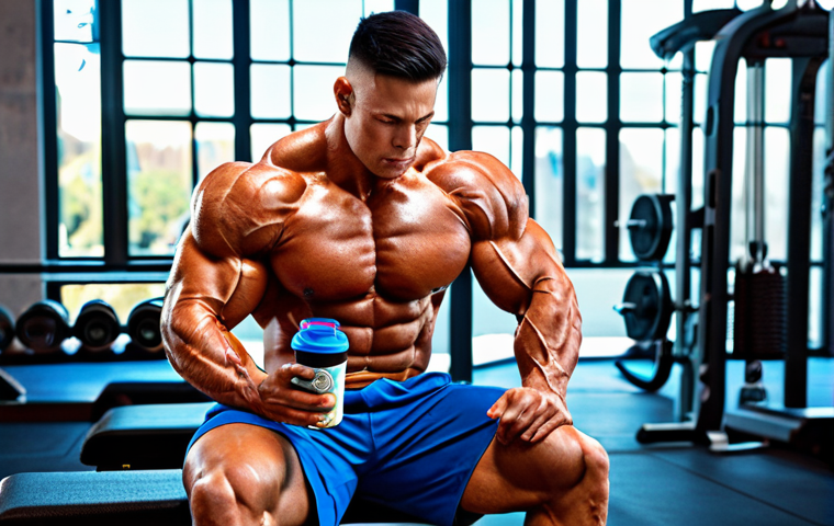 **Muscle Repair:** "Athlete immediately after training, drinking protein shake, muscles recovering, focus on BCAA absorption, modern gym background, realistic, vibrant colors, promoting muscle growth, Simplified Chinese nutrition label, family-friendly, appropriate content, fully clothed."