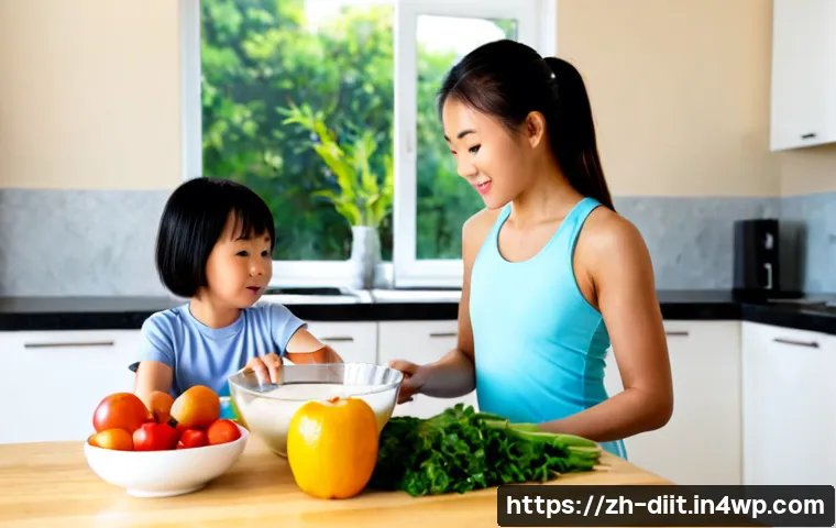 아이들과 청소년 운동선수를 위한 식단 가이드 - Photorealistic family kitchen scene with a teenage athlete and younger child in clean sportswear pre...