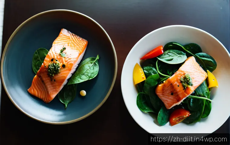 영양소 흡수를 높이는 식사 조합 - Photorealistic overhead kitchen table scene showing a nutrient-boosting meal pairing: grilled salmon...
